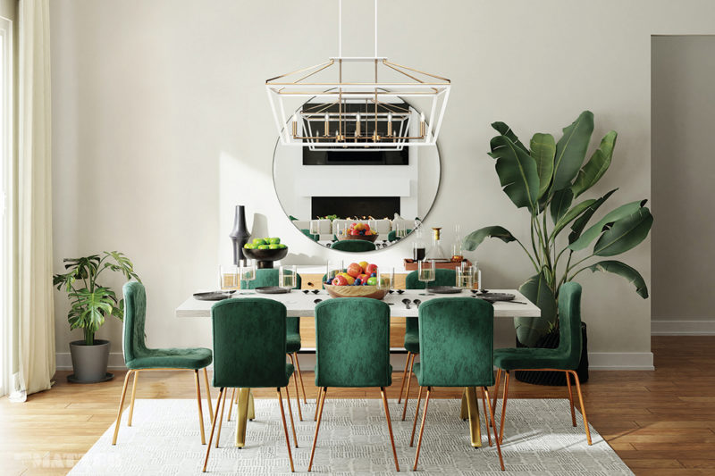 Table blanche et chaise en velours vert avec luminaire de salle à manger tendance